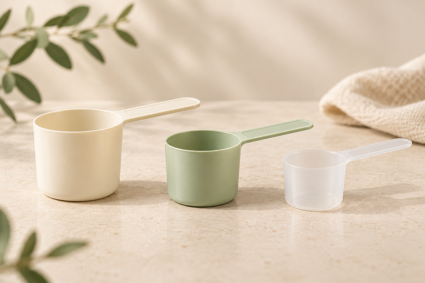 Illustration of three differently sized formula scoops on a neutral background